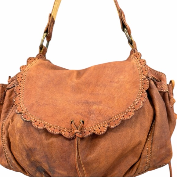 Lucky Brand Distressed Lamb Leather Hobo Bag Brown Boho Scallop Trim Fringe Vntg - Picture 2 of 16